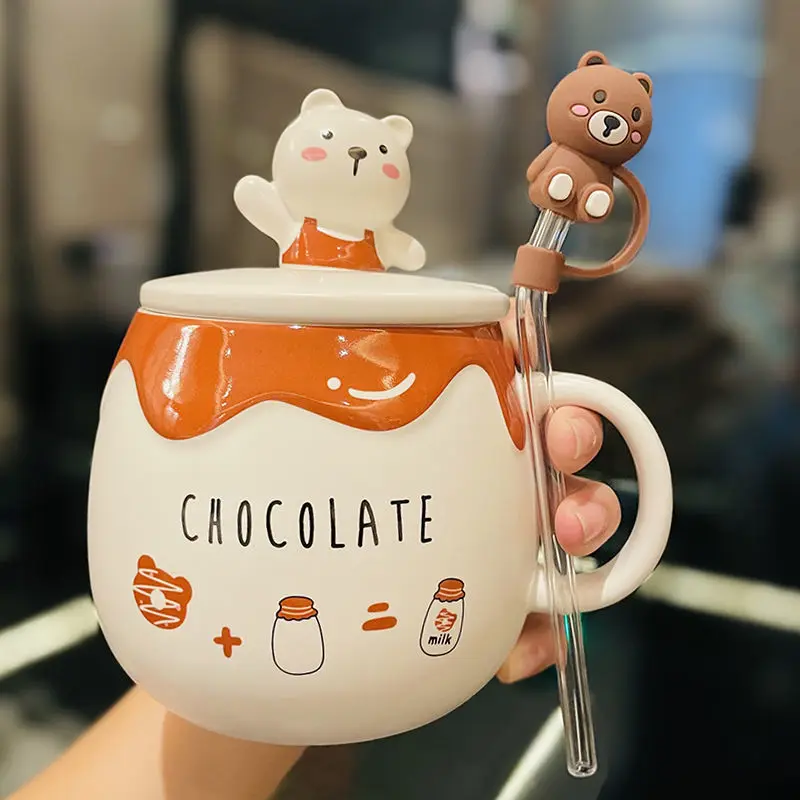 

Милая соломенная кружка, 3D чехол в виде медведя и соломинка, высококачественная керамическая чашка, креативный изысканный подарок для деву...