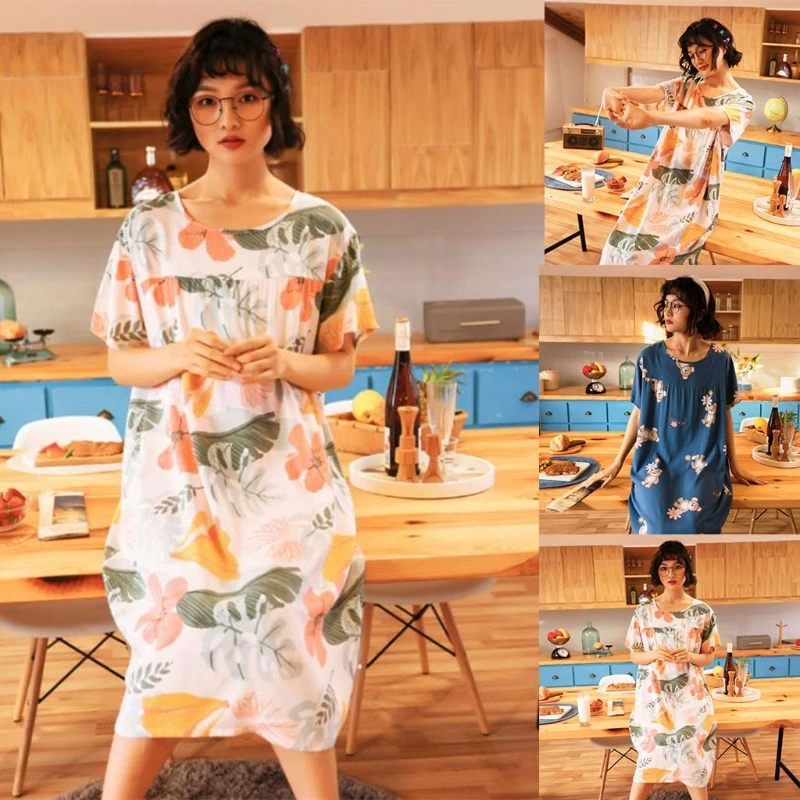 

Women Girls Summer Short Sleeve Nightgown Cartoon Bear Palm Leaf Printed Nightdress Plus Size Casual Loose Sleep Dress