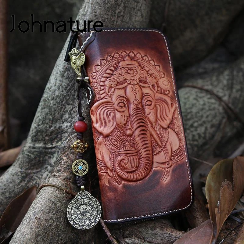 Johnature Luxury Wallet Card Holder 2022 New Vintage Handmade Leather Carved Men Long Cowhide Wallets Leisure Phone Purse