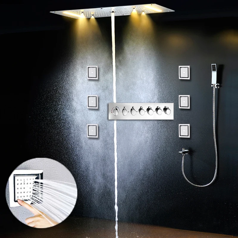2021 Luxury Recessed Ceiling Large Rainfall Massage 4 functions Showerhead Column Misty Waterfall LED Thermostatic Mixer Set |