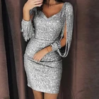 Элегантное женское платье-карандаш с V-образным вырезом и блестками, женское лоскутное ажурное облегающее платье с длинным рукавом, демисезонное вечернее клубное мини-платье