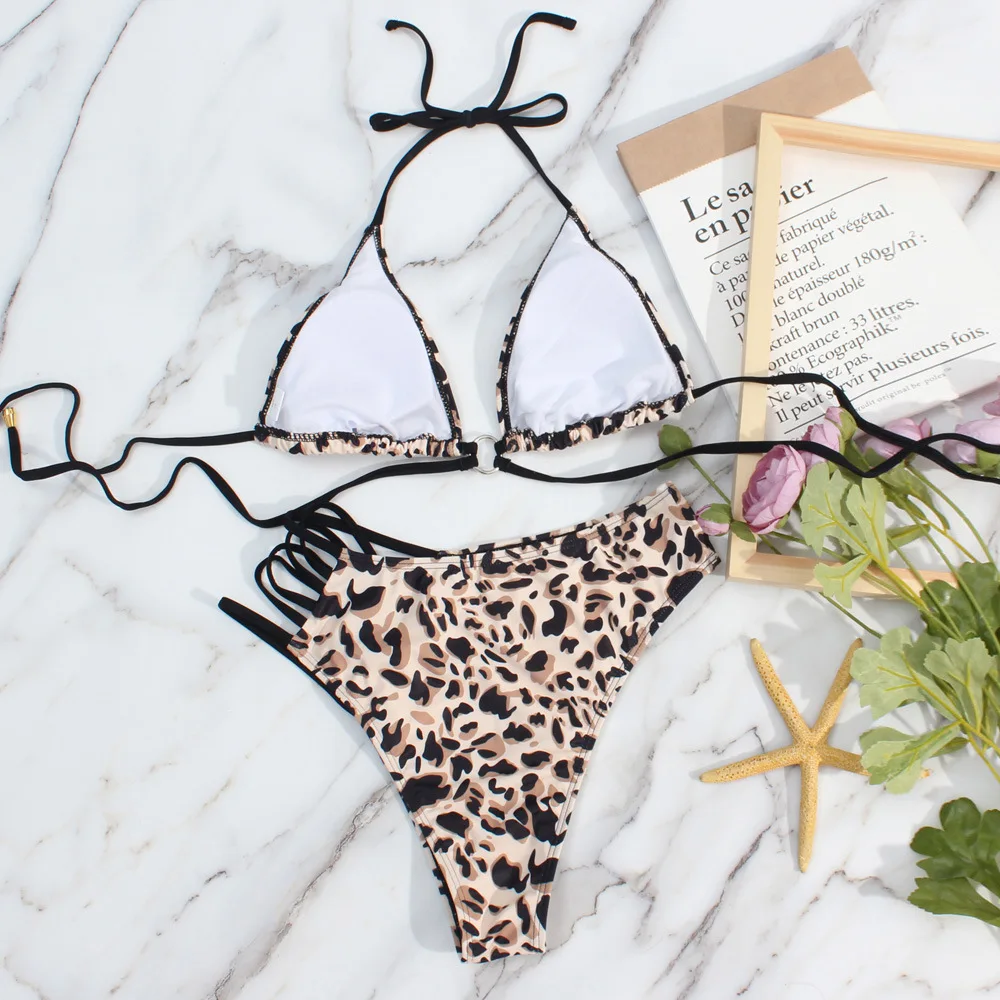 

Leopard Floral Halter Low-Waise Bikini Sets Sexy Lace Up Swimsuit Two Pieces Swimwear Women Biquinis 2021 Beach Bathing Suit