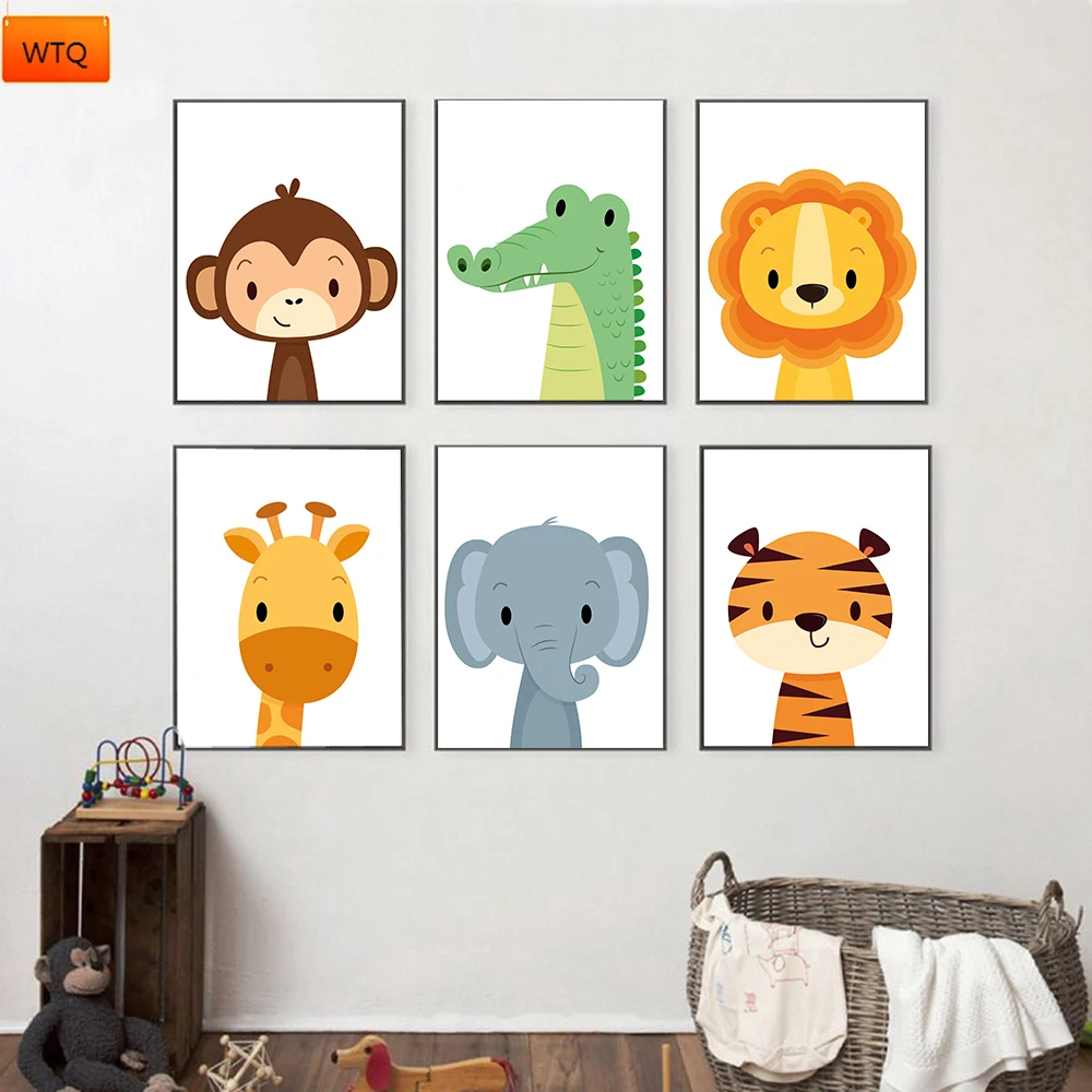 

Nordic Cartoon Animal Print Canvas Painting Crocodile Lion Tiger Giraffe Poster Children Boy Room Wall Art Decor Nursery Picture