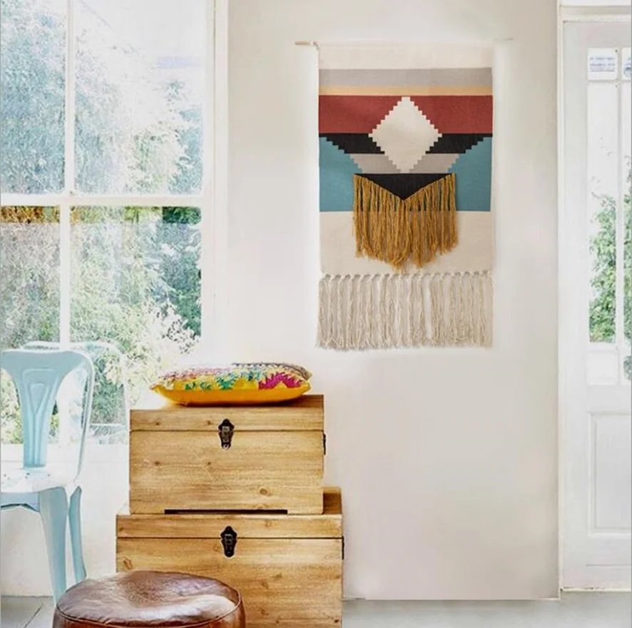 

Wall Hanging Tapestry Cotton Linen Tassel Tapestry Geometric Print Muslim Wall Hanging Macrame Home Decor Tapestries