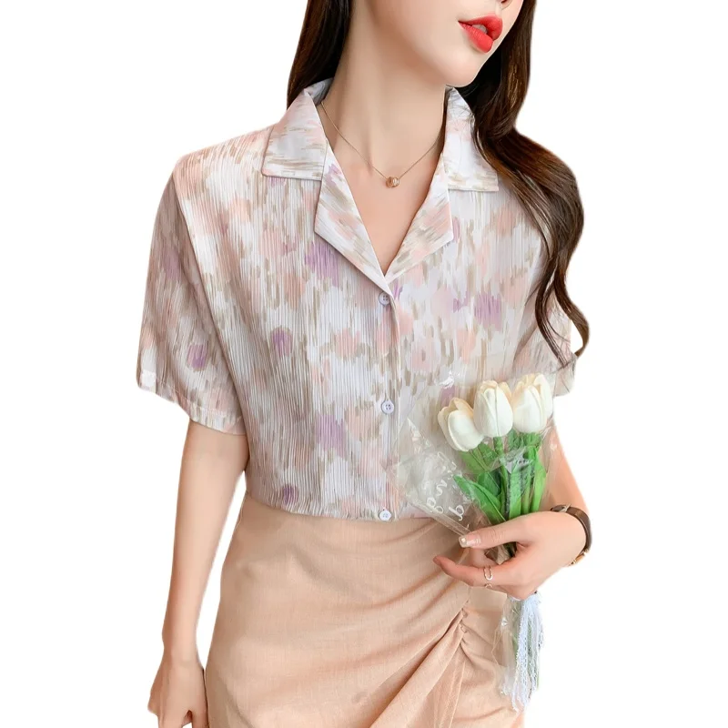 

Houthion Chiffon Slim Women's Blouses Fashion Short Sleeve Top Printing Buttons Polo Shirt Summer New Casual Blouse