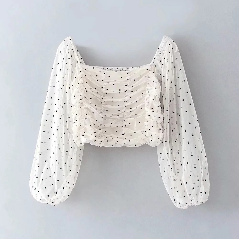 2020 Women Fashion Polka Dot Transparent Short Blouse Vintage Square Collar Draped Smock Casual Girls Chic Tops | Женская одежда