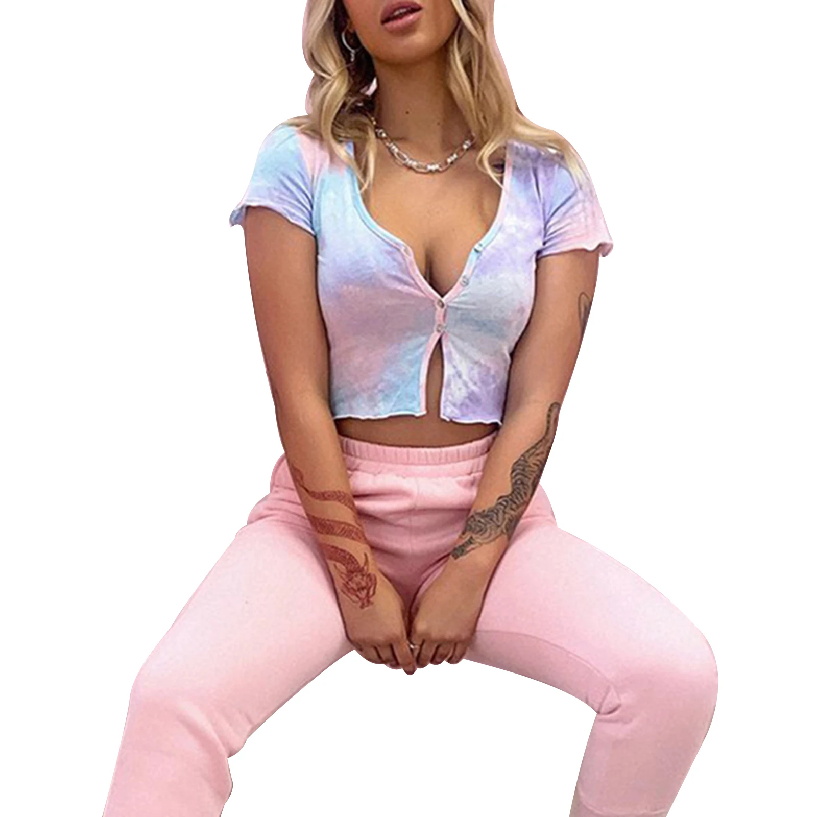 

Women's T-shirt Button Cardigan Summer Basic Tee Tie-Dye V-neck Short Sleeve Crop Tops for Party Dating Vacation Shopping