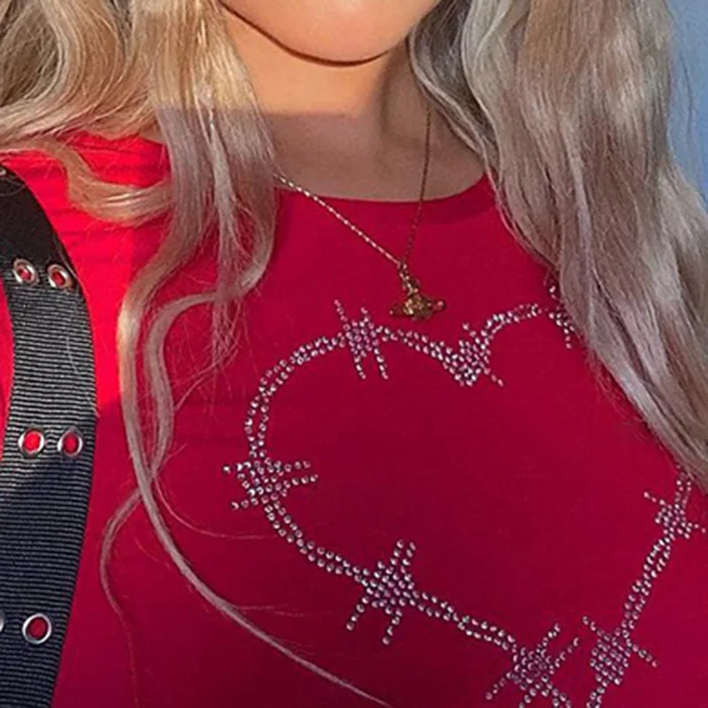 

E Girl Y2K Aesthetic Red Tee Diamond Heart Kawaii Graphic Tees Short Sleeve 90s Woman Unusual 2021 Harajuku Tshirts Summer Tops