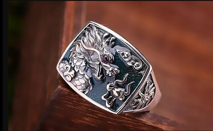 100% 925 solid Pure Silver Dragon Rings For Men And Women Cz Stone Setting Vintage Hollow Design Enameling Process | Украшения и