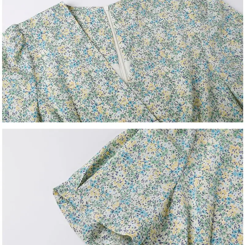 

EleeMee Vantage Floral Print Dress For Women 2021 Summer A Line V Neck Short Sleeve Empire Zipper Slimming Midi Dresses Size S-M