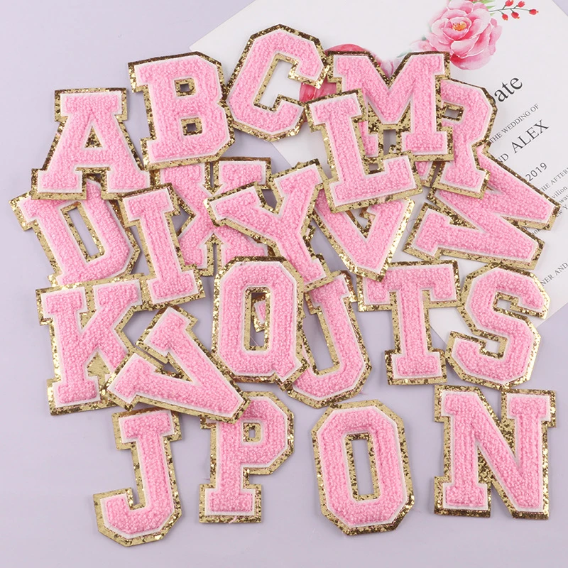 

large Pink Towel English letter Patches for Clothes Embroidery Appliques Child Women Clothing name Accessories Badges