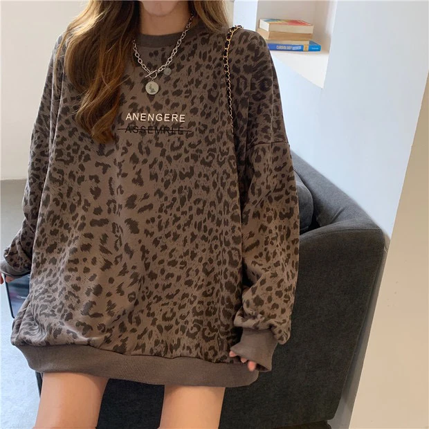 

Leopard Loose Sweatshirt Women Korean Fashion Clothing O-neck Causal Long Sleeve Plus Size Hoodies Hipster Winter Ladies Tops