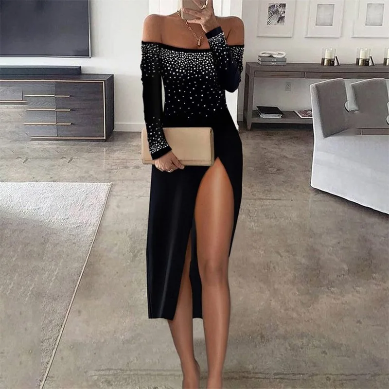 

Women's fashion studded shoulder split thigh long sleeve diamond party dress
