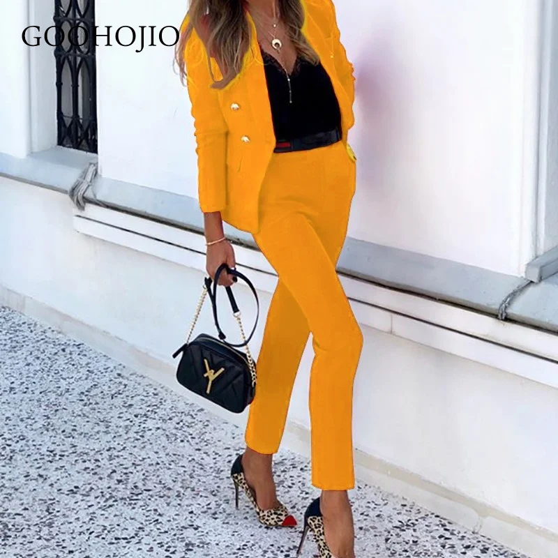 

GOOHOJIO 2021 Spring Autumn New Casual Profession Pant Sets Women Temperament Suit Ladies Solid Color High Waist Women Pant Sets
