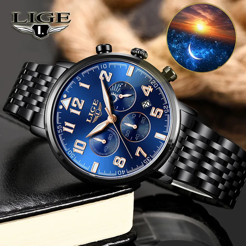LIGE новые мужские часы Топ бренд роскошные бизнес из нержавеющей стали