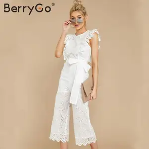 BerryGo выдалбливают гофрированный женский комбинезон повседневные Хлопковые женские комбинезоны с завышенной талией Вышивка галстук-бабочка женский комбинезон