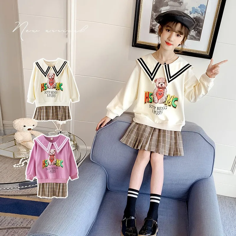 

Весенне-осенняя одежда для девочек, новинка, Повседневная рубашка с отложным воротником и принтом медведя, плиссированная клетчатая юбка, р...