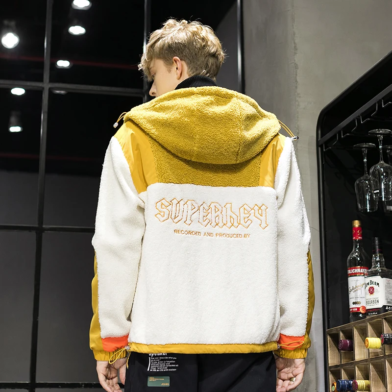 Covrlge Autumn/winter Style New Loose and Large Print Lamb Jacket Hooded Patchwork Color Coat Hip Hop Streetwear MWM101