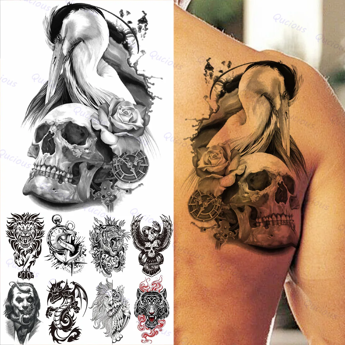 Временные татуировки для мужчин и женщин Череп фламинго роза цветок