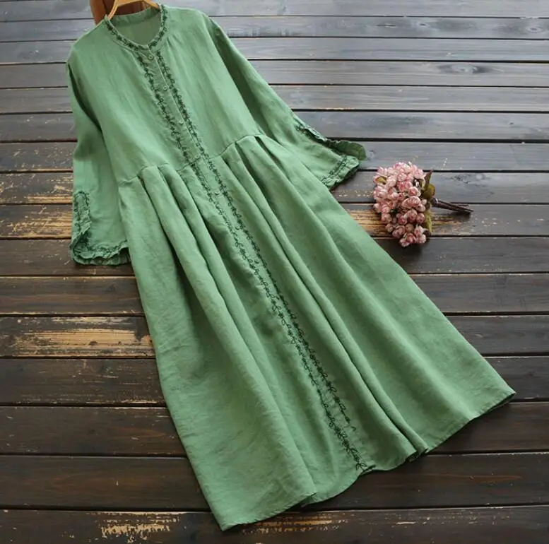 Женское платье из хлопка и льна с вышивкой весна осень 2020 СВОБОДНЫЙ Модный