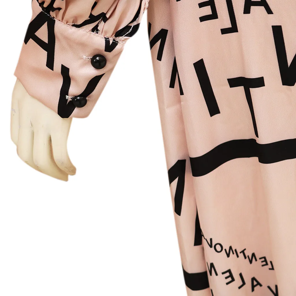 

Fashion Women V-Neck Long Sleeve Letter Printed With Button Dress Female Sexy Long Maxi Party Dress Ladies Autumn Dress 2019