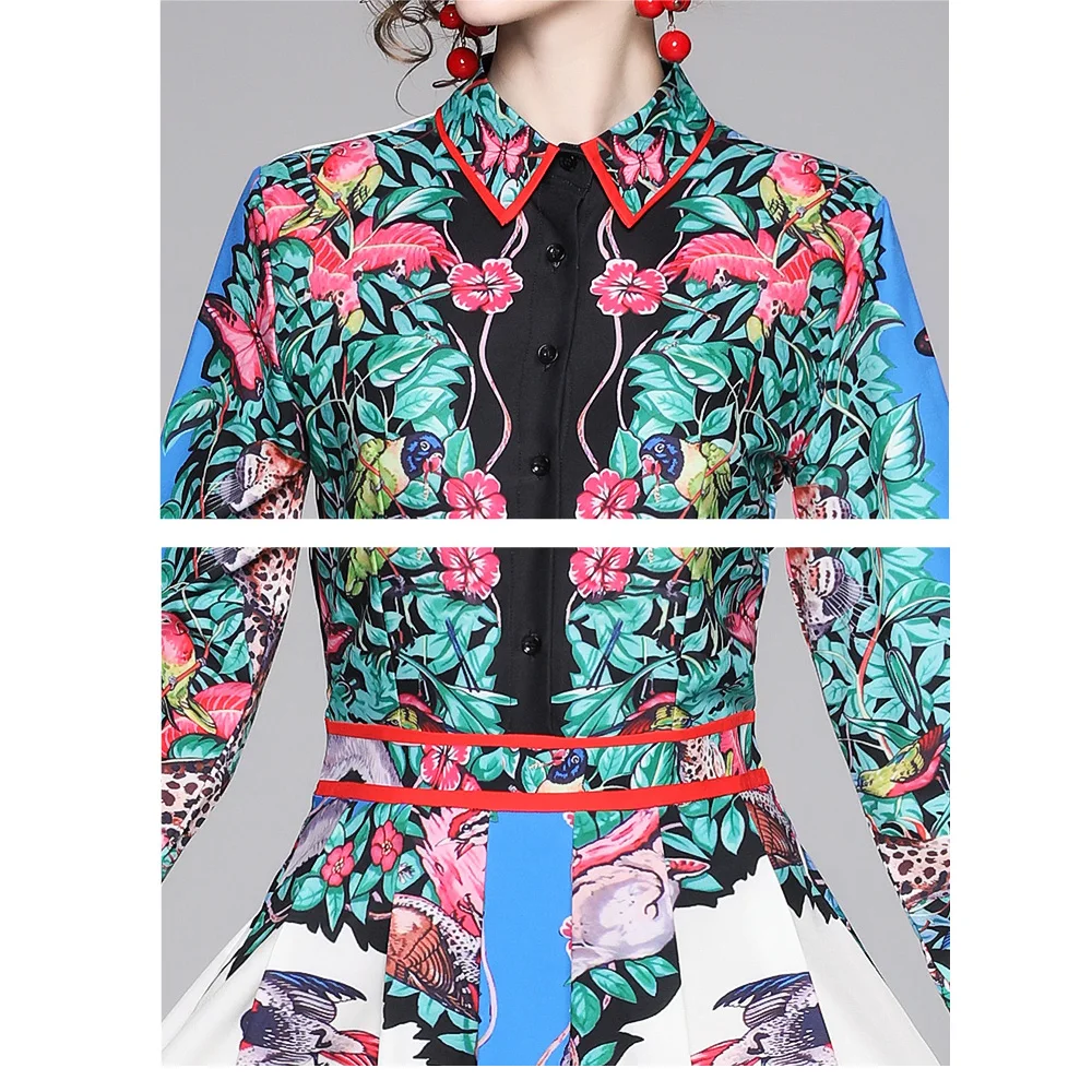 

Runway Designer Button 2021 Spring Summer Holiday Maxi Dress Women's Long Sleeve Floral Printed Vintage Elegant Long Shirt Dress