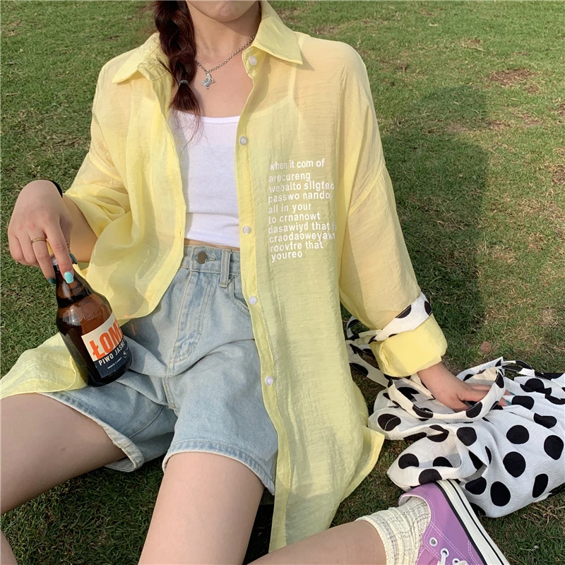 

Прозрачная верхняя Солнцезащитная рубашка, женская одежда на весну и лето, блузки ulzzang, Корейская хипстерская свободная модная Осенняя руба...