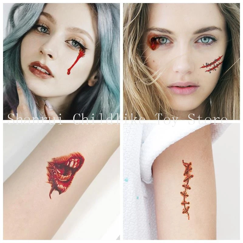 30pc /set Halloween Zombie Scars Tattoos With Fake Scab Bloody Decoration Wound Scary Blood Injury Sticker Funny | Игрушки и хобби