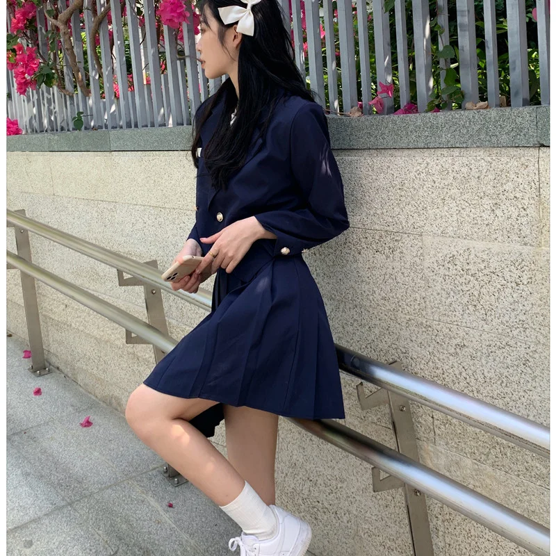 

Korean Fashion Jk Skirt Suits Loose 2 Two Piece Set Women Long Sleeve Coat and High Waist Mini Pleated Skirt Elegant Outfits