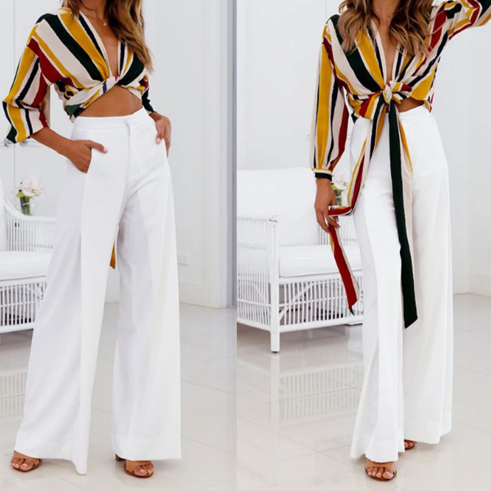 

2021 Casual Loose Trousers Women Wide-Leg Trousers Cotton High Waisted Flared Pants Office Lady Elegant Popular Pant with Zipper