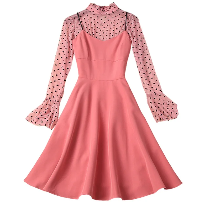 

Seifrmann Women Summer Fashion Runway2 PiecesSet Flare Sleeve Mesh Tops + Sexy Cami Printed Ladies Midi Dress TwoPiecesSuits