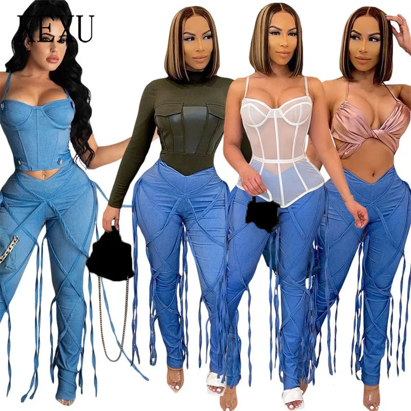 

KEXU Bandage Cowboy Pants Sexy High Waist Package Hip Lace Up Joggers Fitness Casual Streetwear Summer Elegant Women Trousers
