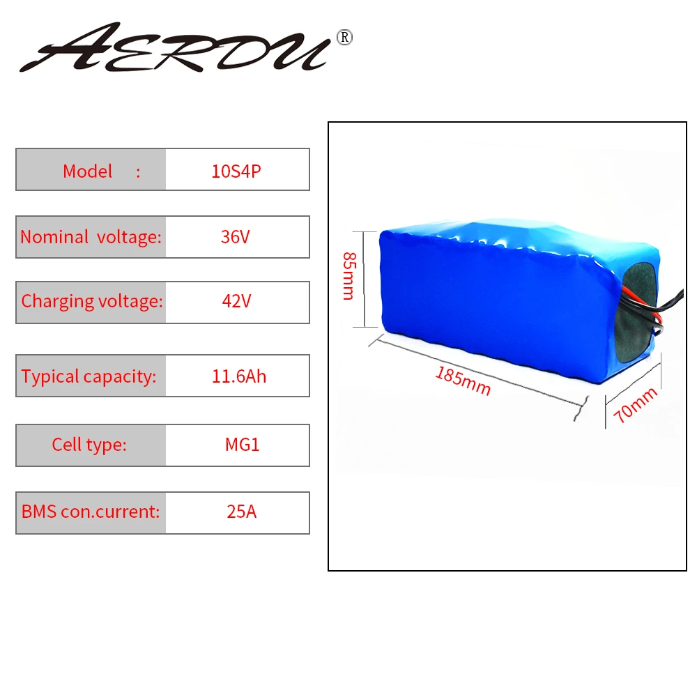 

AERDU lithium battery pack 36V 11.6Ah 12ahFor LG MG1 750W 600W 500W 450W 350w 250W 37V ebike electric car bicycle motor scooter
