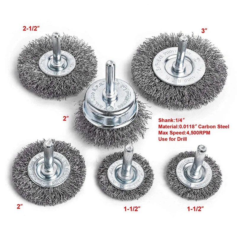 

6Piece Wire Wheel Cup Brush Set 0.0118In Coarse Crimped Steel 1/4In Round Shank for Drill
