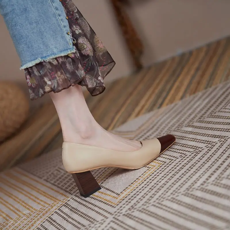 

MORAZORA 2021 New Genuine Leather Shoes Woman Square High Heels Mixed Color Spring Summer Ladies Party Wedding Shoes Size 43