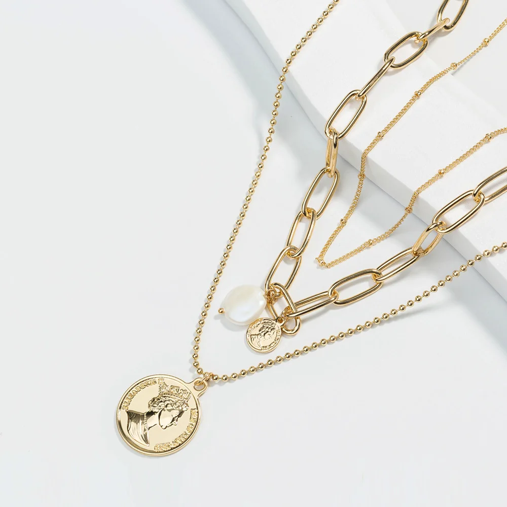 

Vintage Multilayer Stainless Steel Baroque Necklaces for Women Bohemian Coin Pendant Pearl Choker Collar Clavicle Chains Jewelry