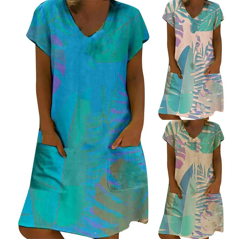 

Женское Повседневное платье до колен, с коротким рукавом, V-образным вырезом, принтом листьев и карманами