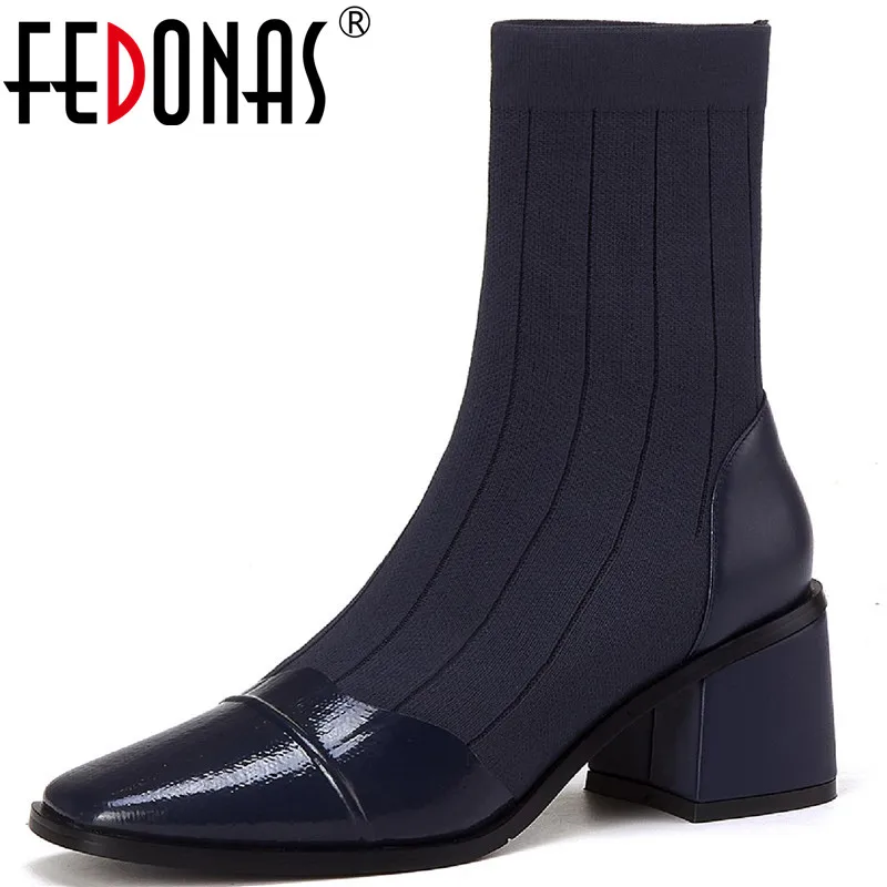 

FEDONAS Elegant Autumn And Winter Shoes For Women Popular Patchwork High Heels Boots 2021 Newest Retro Dancing Party Abkle Boots