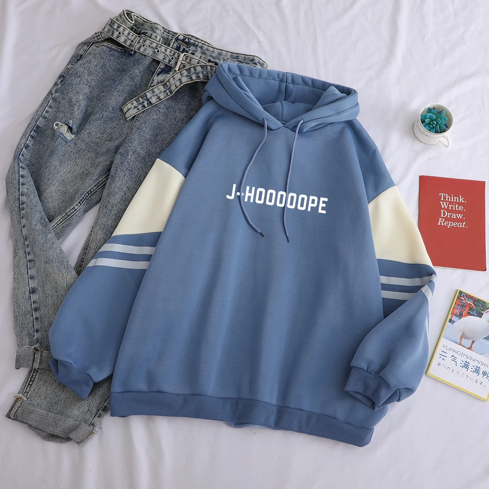 

J-HOOOOOPE Kpop Hoodies Casual Letters Printed Women Winter Fleece Sweatshirt Hoody Hit Color Patchwork Pullover