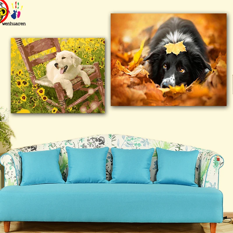 DIY картинки для раскраски по номерам с цветами милая собака картина Рисование в