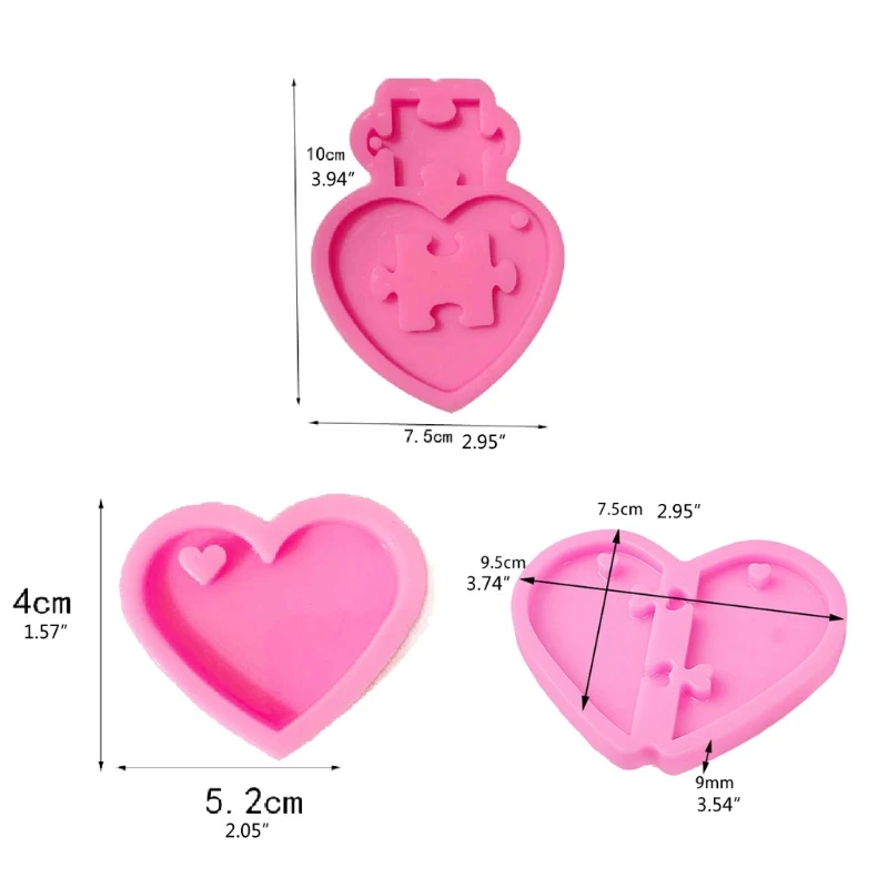 

E15E 3 Pcs Love Heart Jigsaw Keychain Epoxy Resin Mold Jewelry Pendant Silicone Mould DIY Crafts Ornaments Casting Mold