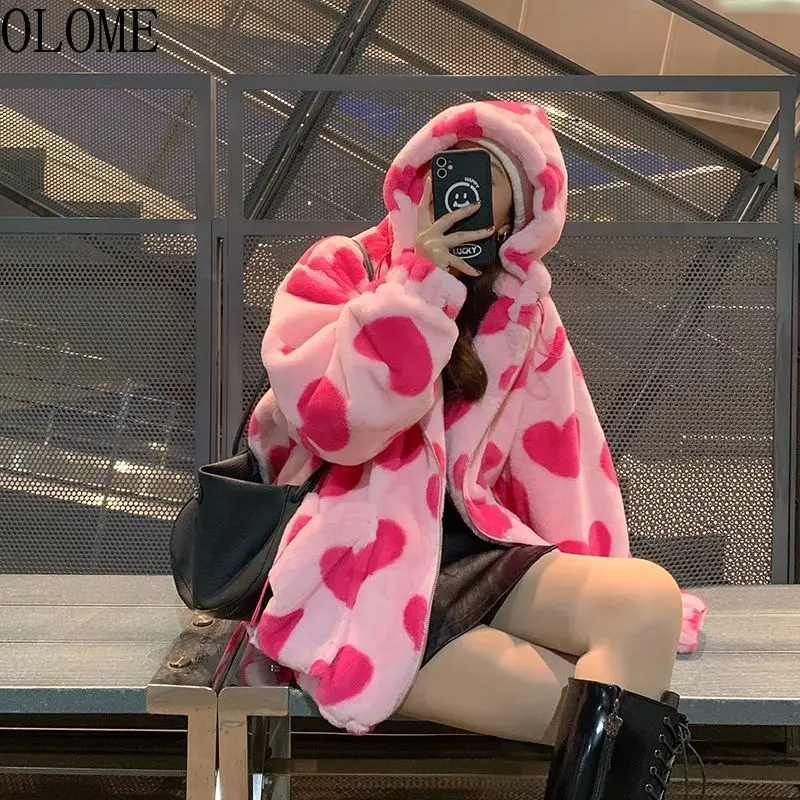 

OLOME Fashion models imitation rabbit fur autumn and winter new love plush jacket women's loose hooded padded coat