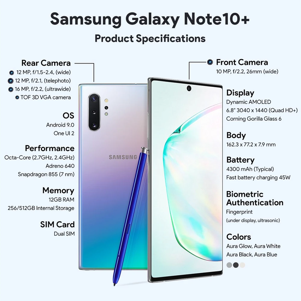 samsung galaxy note 10 plus us version n975u1 note10 mobile phone 6 8 12gb ram 256gb rom octa core original android smartphone free global shipping