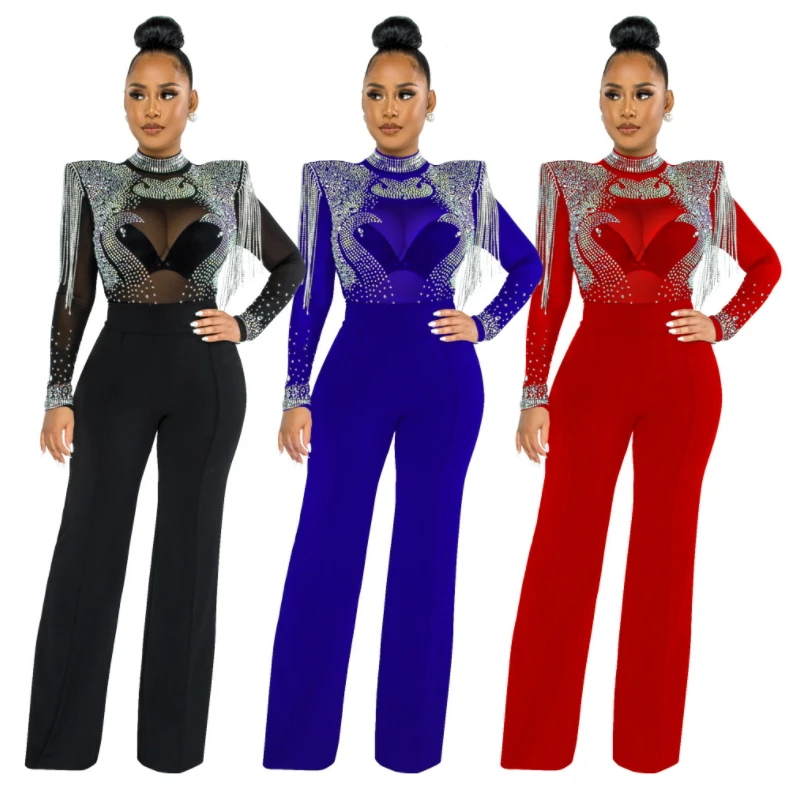 

Turtleneck Glitter Shoulder Pad Luxury Rompers Womens Jumpsuit See Through Mesh Overalls Diamond Tassels Sequins Sexy Sparkly