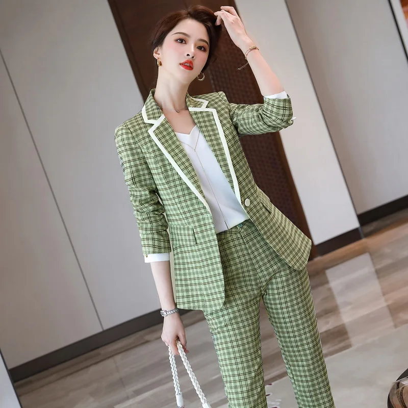 Женский облегающий клетчатый костюм с брюками Осень-зима 2020 деловая одежда в
