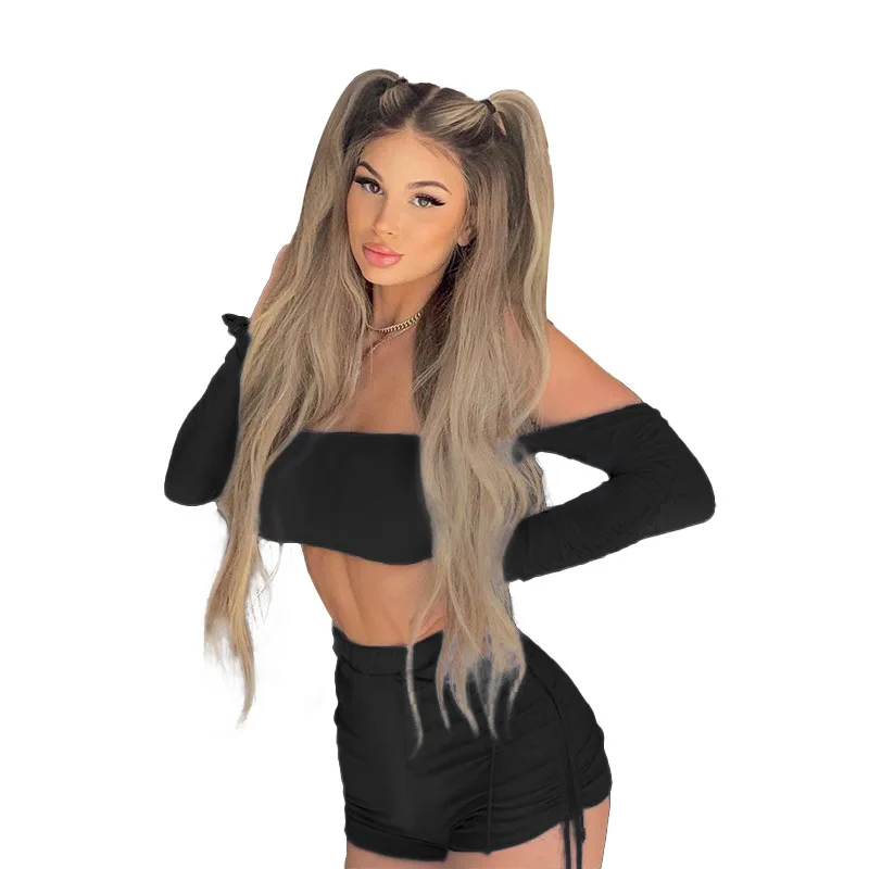 

Sexy Hot Off Shoulder Drawstring Shorts Skirt Suit New Fashion Spring Summer Casual Long-sleeve Short Umbilical Slim Fit Suit