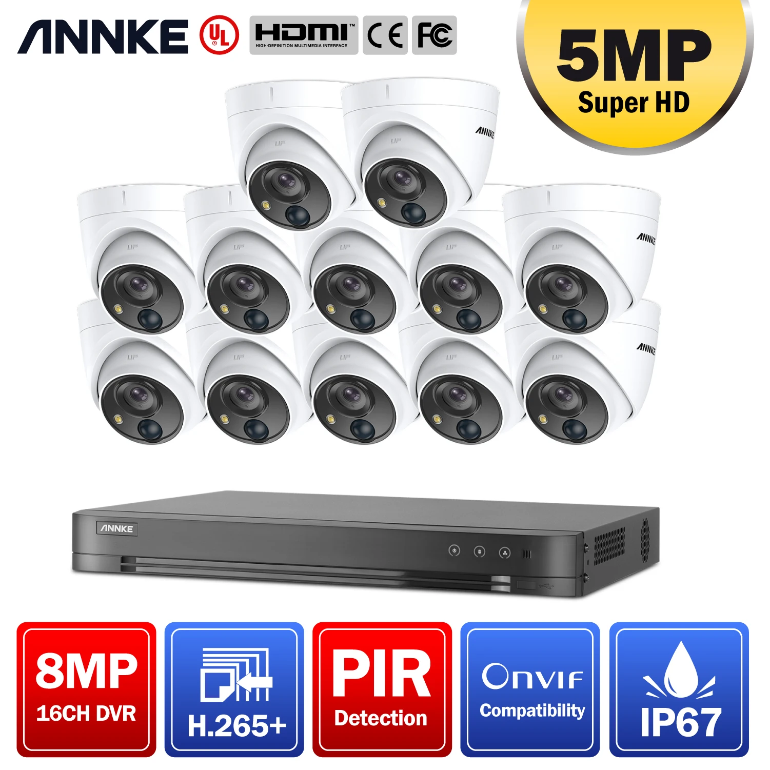 

ANNKE 5MP Super HD Video Security System 16CH H.265+ 8MP DVR With 12PCS 5MP Weatherproof Surveillance Cameras Kits PIR Detection