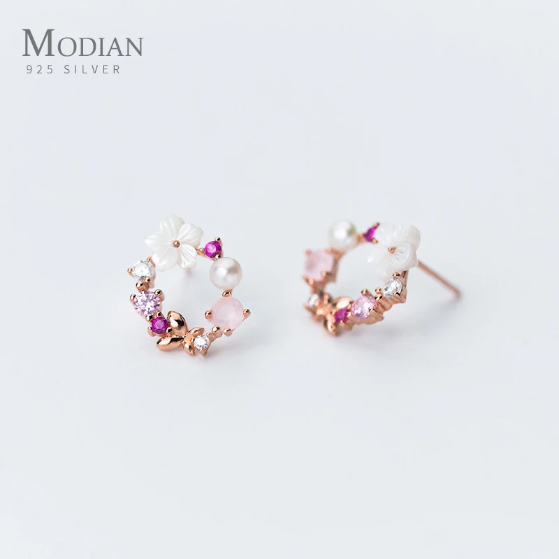 Modian, бренд, круглый розовый цветок из циркона, серьги-гвоздики, модный шарм, Настоящее серебро 925 пробы, ювелирные украшения, Корейский подарок