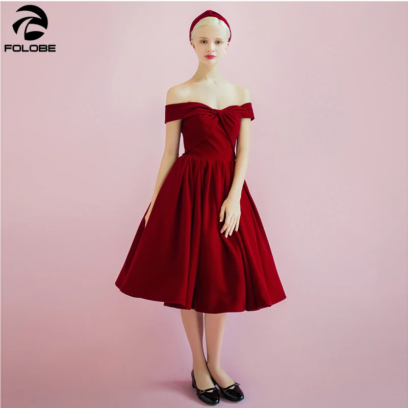 

Off the Shoulder Velvet Burgundy Prom Dresses Pleat Tea Length Formal Evening Party Dress Gowns bestidos de gala