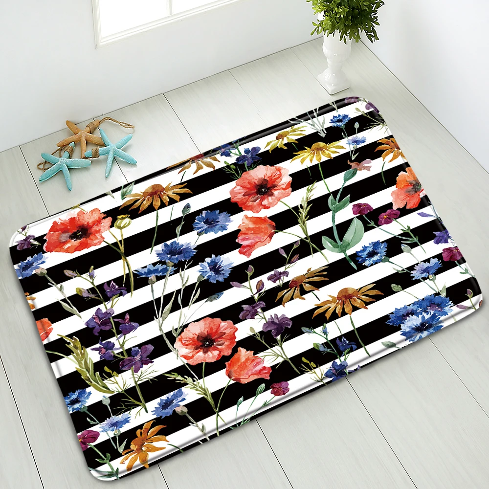

Non-Slip Bath Mat Leaves Flower Plant Shower Room Kitchen Bedroom Floor Pad Doormat Flannel Absorbent Carpet Home Decor Washable